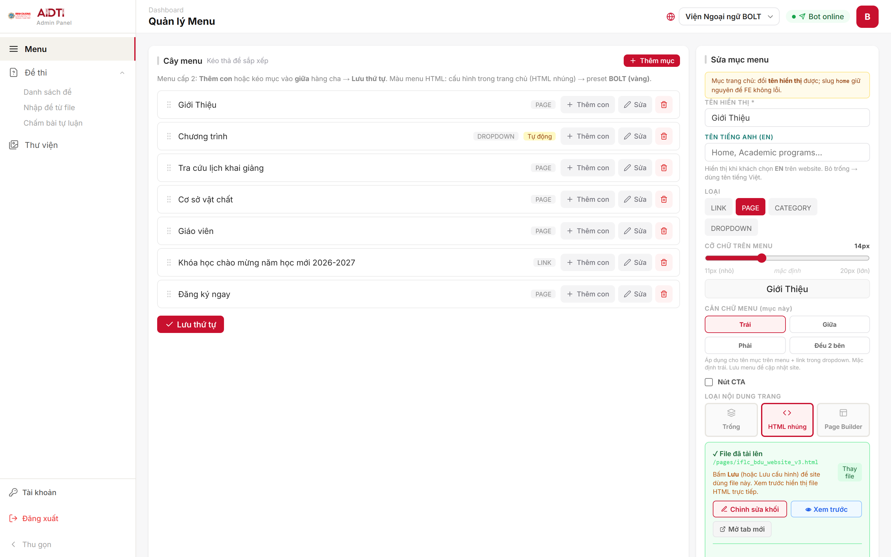 Bảng Sửa mục menu bên phải: tên hiển thị, loại mục, file HTML đã tải lên và nút Chỉnh sửa khối