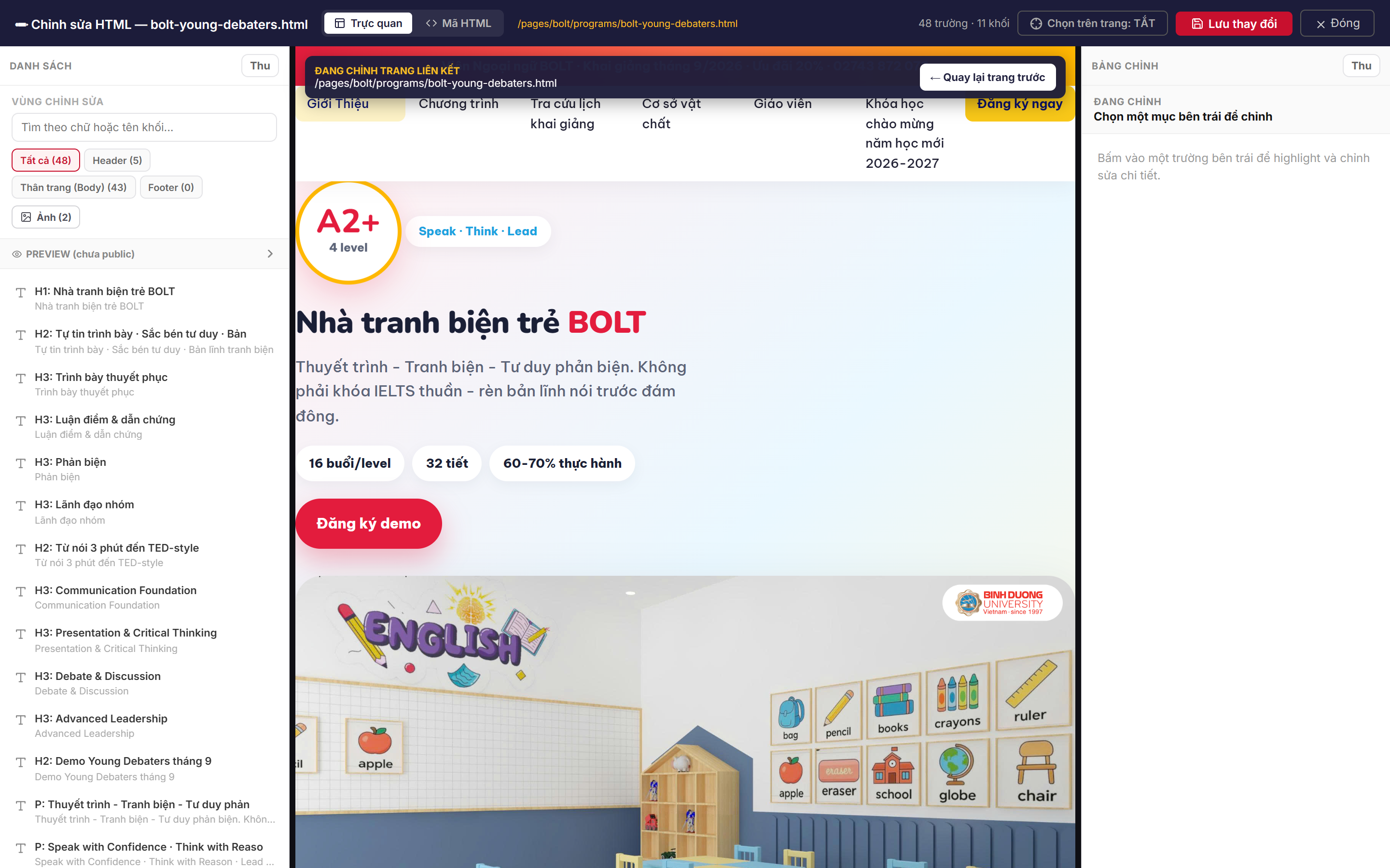 Trình chỉnh sửa đang mở một trang chương trình liên kết, có thanh cam Đang chỉnh trang liên kết